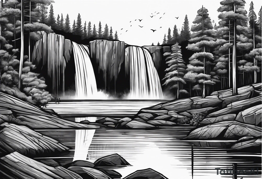 waterfall going into a river with a camp site in Australia tattoo idea