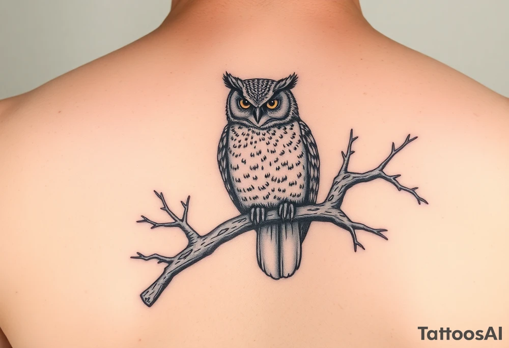 wise owl perched on ancient oak branch under starlit sky tattoo idea