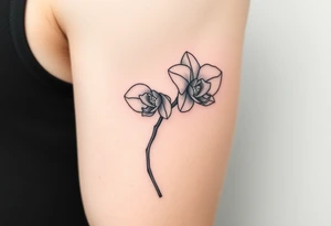 A delicate, black and white fine-line tattoo for make, featuring a gracefully detailed orchid stem with two flowers in full bloom, with soft, intricate petals and elegant curves tattoo idea