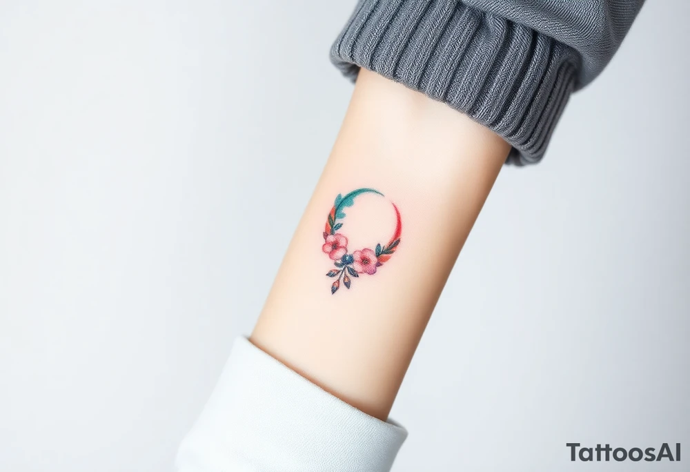 Design a very small (max 2x2 cm) tattoo for the inner wrist that subtly symbolizes lesbian identity. It should be minimal and delicate — possibly fine line or soft color. The design must be discreet yet meaningful, not instantly recognizable as LGBTQ but with layered symbolism. Think of subtle elements like intertwined female symbols, abstract sapphic references, or a hidden double meaning through nature (e.g. flowers, moons, triangles). Avoid clichés or bold pride imagery. Keep it elegant, wearable, and intimate tattoo idea