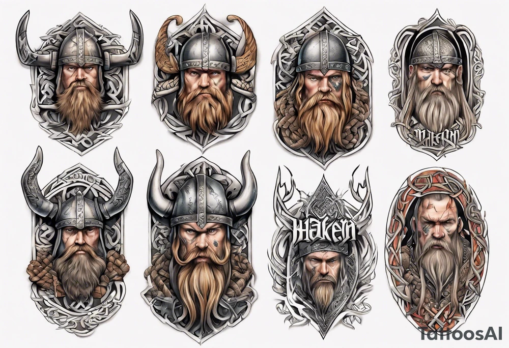 Viking sleeve with heathen writing tattoo idea