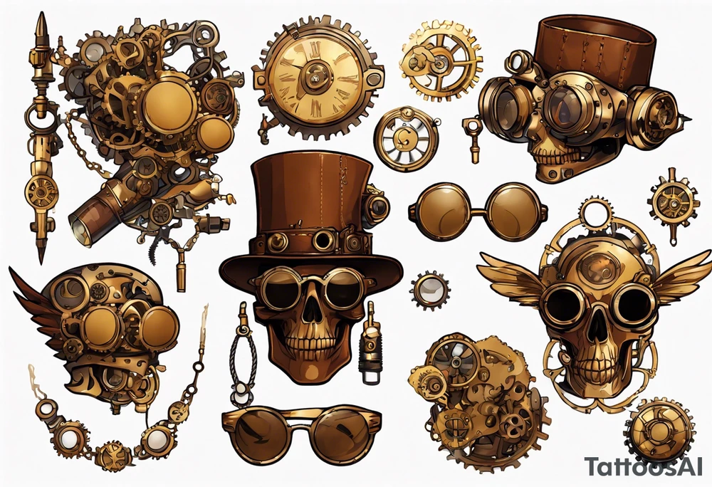 Steampunk
Anime
Gold
Brown
Sunglasses 
Mechanical devices
Leather
People tattoo idea