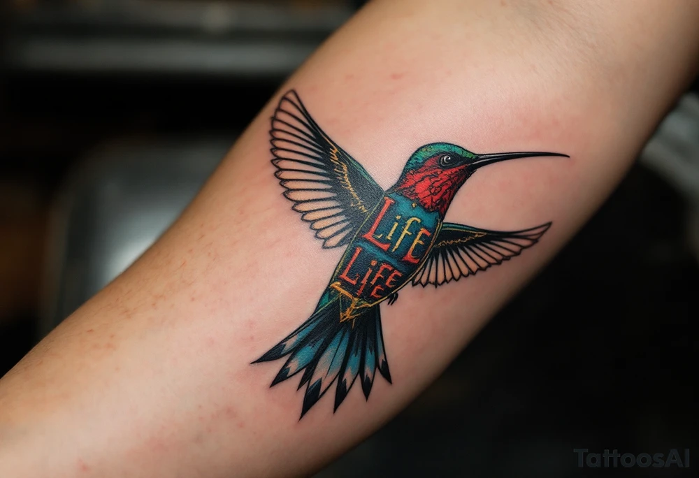 A hummingbird flying through a cartouche (Egyptian nameplate) that spells out a meaningful word like “Life” or “Strength.”(only red , blue and black are possible colors) tattoo idea