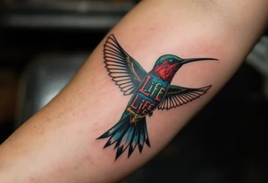 A hummingbird flying through a cartouche (Egyptian nameplate) that spells out a meaningful word like “Life” or “Strength.”(only red , blue and black are possible colors) tattoo idea