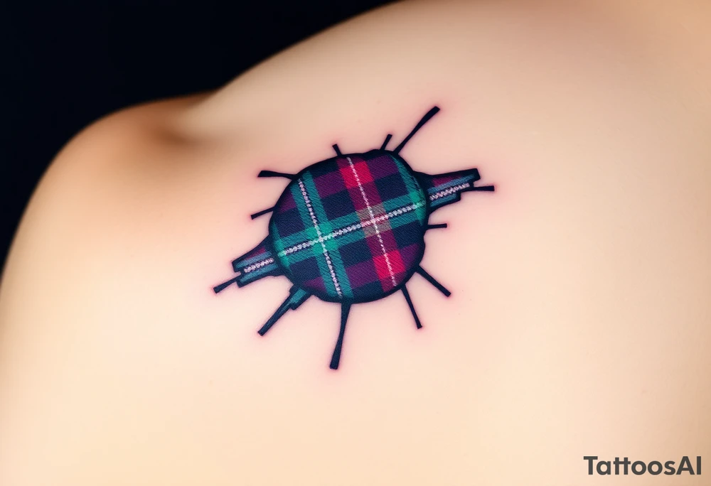 Dark Purple with green pink blue and white highlights tartan fabric on bicep with skin ripping away to reveal tartan underneath tattoo idea