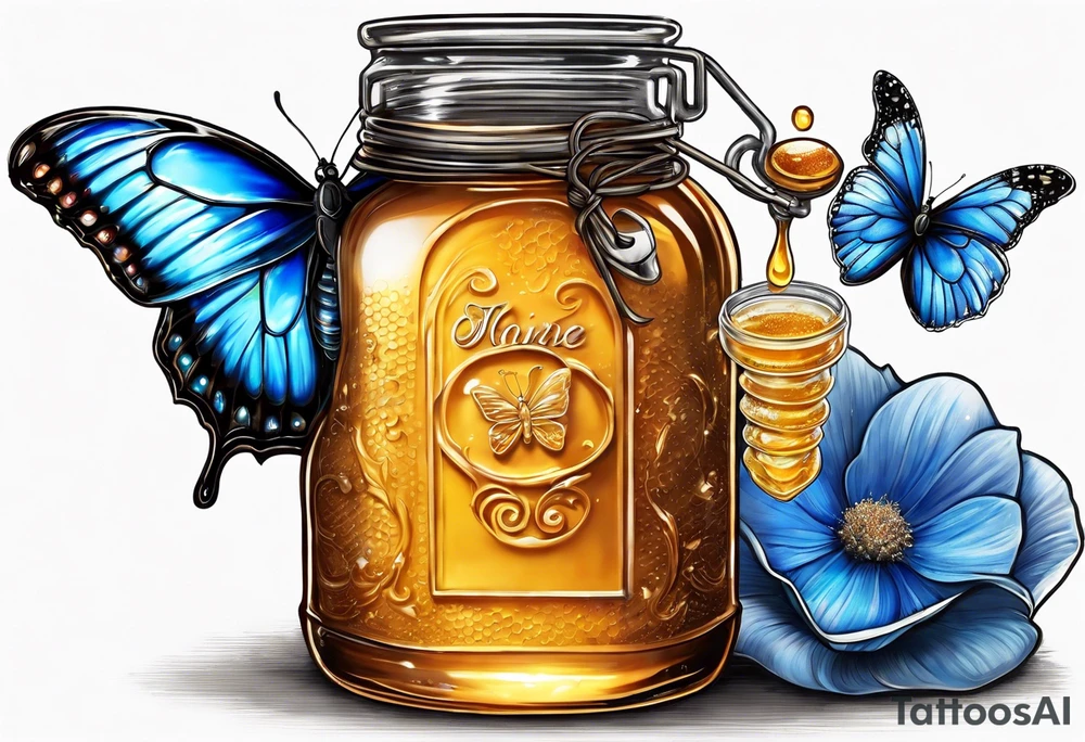 Blue morpho butterfly with a glass jar of honey with honey spilling over tattoo idea