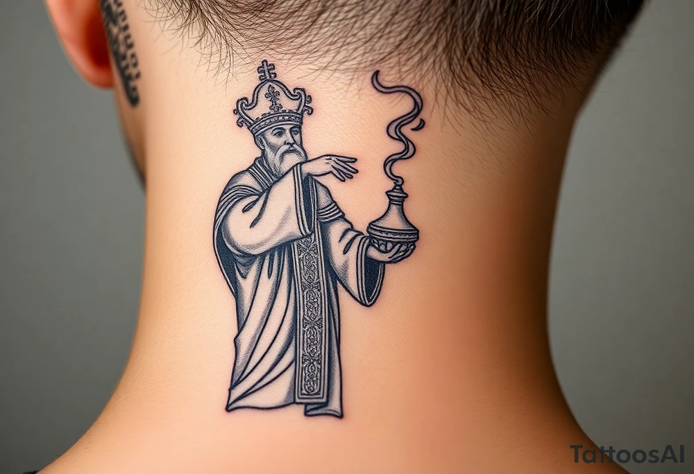 Russian Orthodox Priest in a fully detailed gold vestment swinging a censer with smoke curling upward tattoo idea