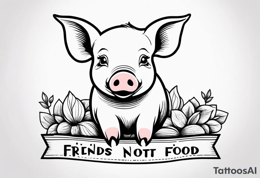 cute pig or piglet.
with text: "friends not food" tattoo idea cute pig or piglet.
with text: "friends not food" tattoo idea