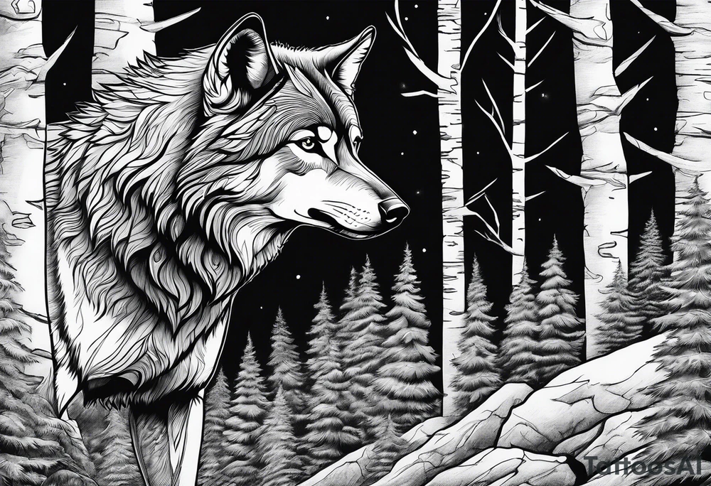 Forest with a wolf stalking tattoo idea