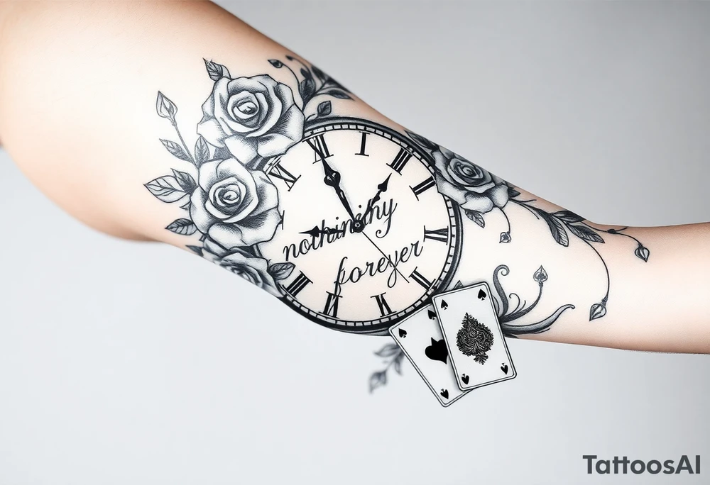 Roman clock with roses and a crown,  a quote that says nothings forever. and on the bottom a deck of cards tattoo idea