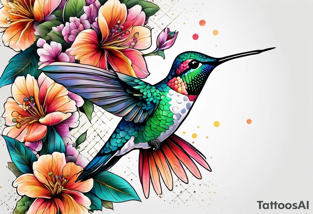 botanical, flowers, colorful, different, hummingbird, dot tattoo idea