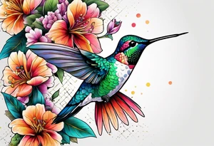botanical, flowers, colorful, different, hummingbird, dot tattoo idea