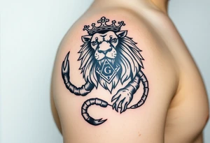 Full arm tattoo, Poseidon , a powerful and majestic lion with a crown and in the middle of this crown a square is a freemason's compass, a realistic scorpion, tattoo idea