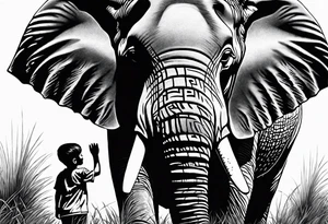 A very detailed elephant facing forward with a boy holding onto the trunk facing forward. In the background there will be tall grass like in africa tattoo idea