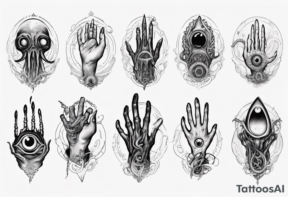 lovecraft them with eye on hand and tentacle on finger tattoo idea
