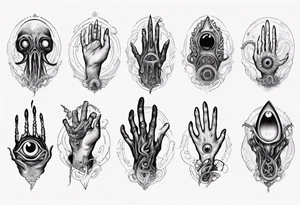 lovecraft them with eye on hand and tentacle on finger tattoo idea