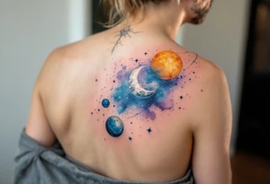 A soft watercolor galaxy with three celestial bodies (sun in gold, moon in silver, and a planet in deep blue) orbiting around each other. tattoo idea