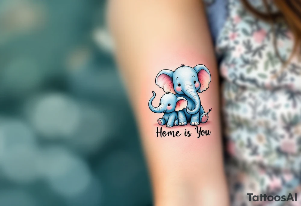 A cartoon-style elephant family on left pack in pastel tones holding tails with “Home is You” below. tattoo idea