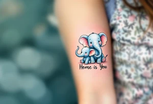 A cartoon-style elephant family on left pack in pastel tones holding tails with “Home is You” below. tattoo idea