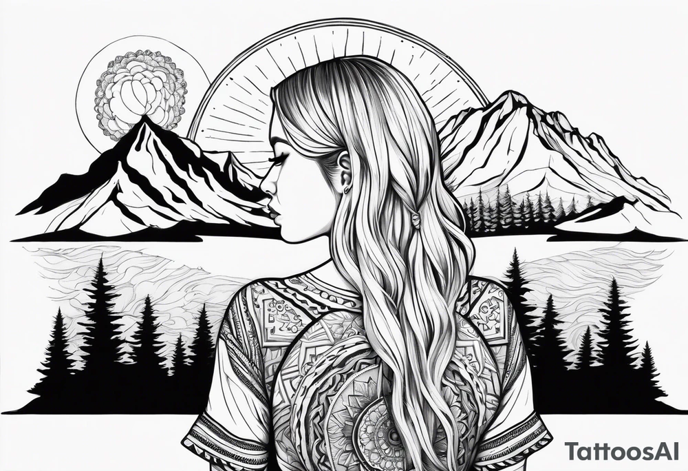 Straight blonde hair girl facing away toward mountains surrounded by mushrooms crescent moon mandala circular design black and white striped dress "8" tattoo idea