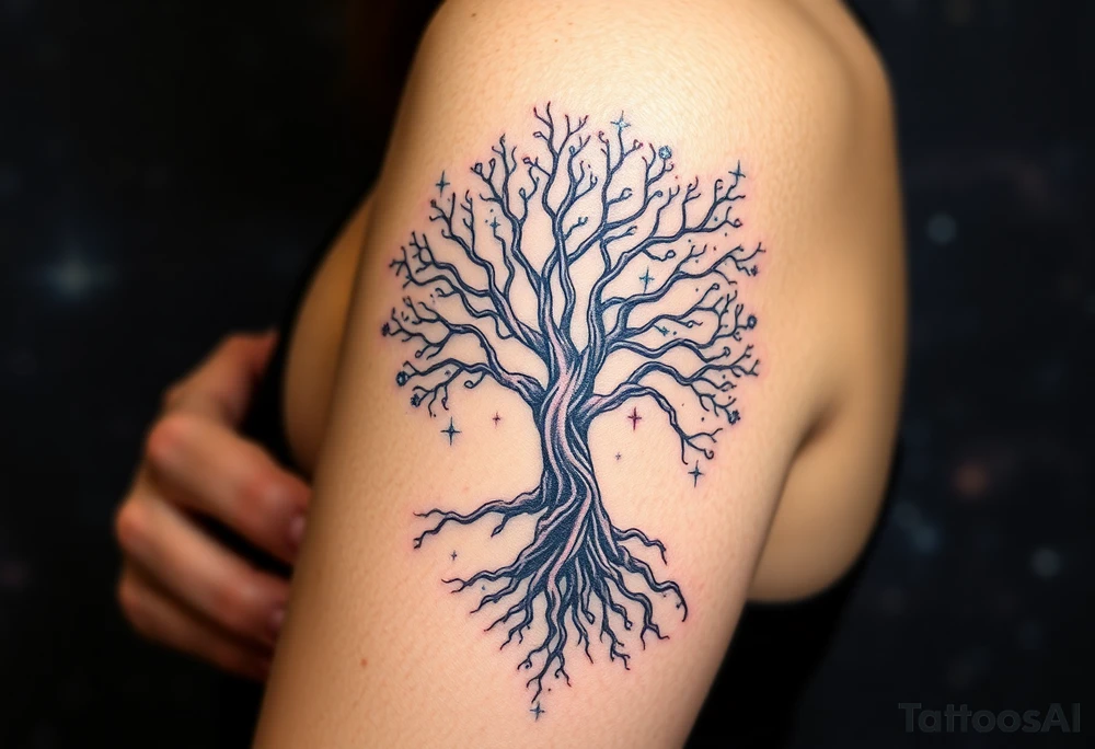 mystical tree of life with cosmic roots and celestial branches, 
more full tree and sparkles around ethereal, making it a scene in a galaxy background tattoo idea
