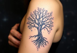 mystical tree of life with cosmic roots and celestial branches, 
more full tree and sparkles around ethereal, making it a scene in a galaxy background tattoo idea