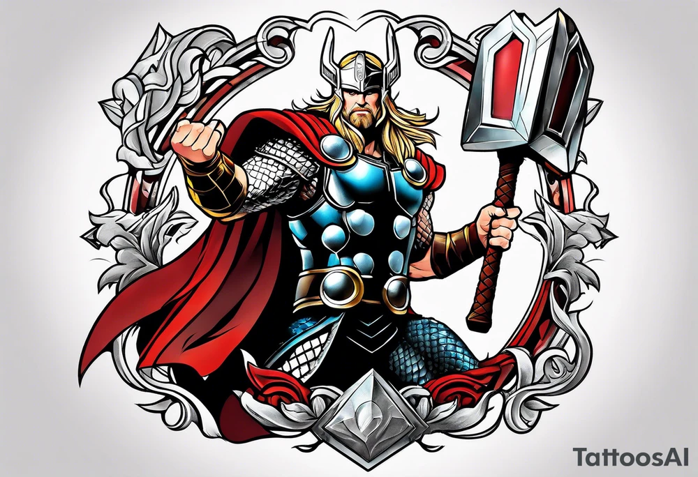 The Mighty Thor from MCU with a vignette in the background tattoo idea