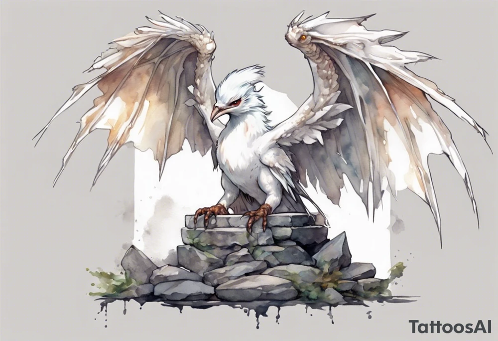 a white bird-wyvern hybrid wearing a plain iron diadem, perched on a stone throne tattoo idea