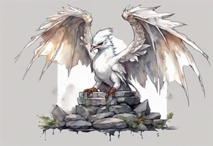 a white bird-wyvern hybrid wearing a plain iron diadem, perched on a stone throne tattoo idea