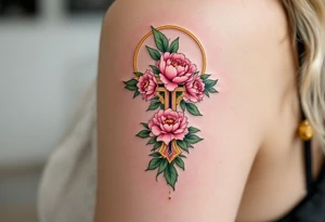 Lada's Symbol — A symmetrical floral cross in soft rose pink and leafy green, resembling a blooming peony, surrounded by a golden halo of light accompanied by Lada the goddess. tattoo idea