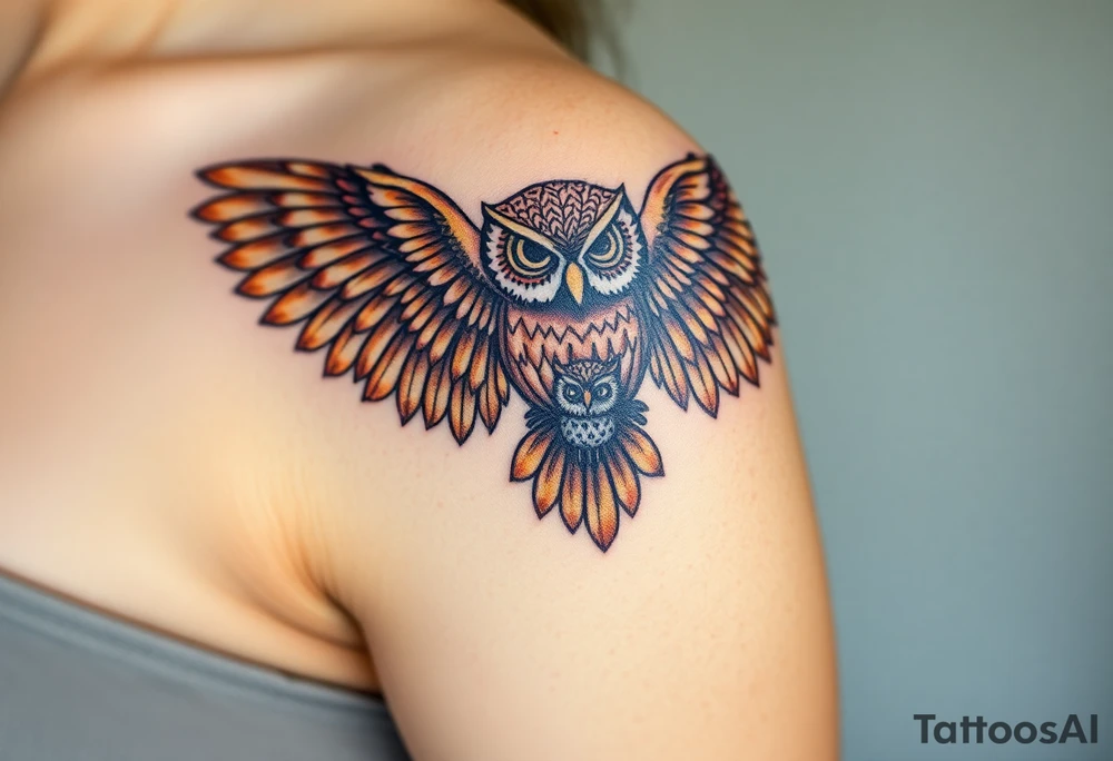 A mother owl spreading her wings over her baby, with intricate feather detailing in deep brown and golden hues, symbolizing wisdom and protection tattoo idea