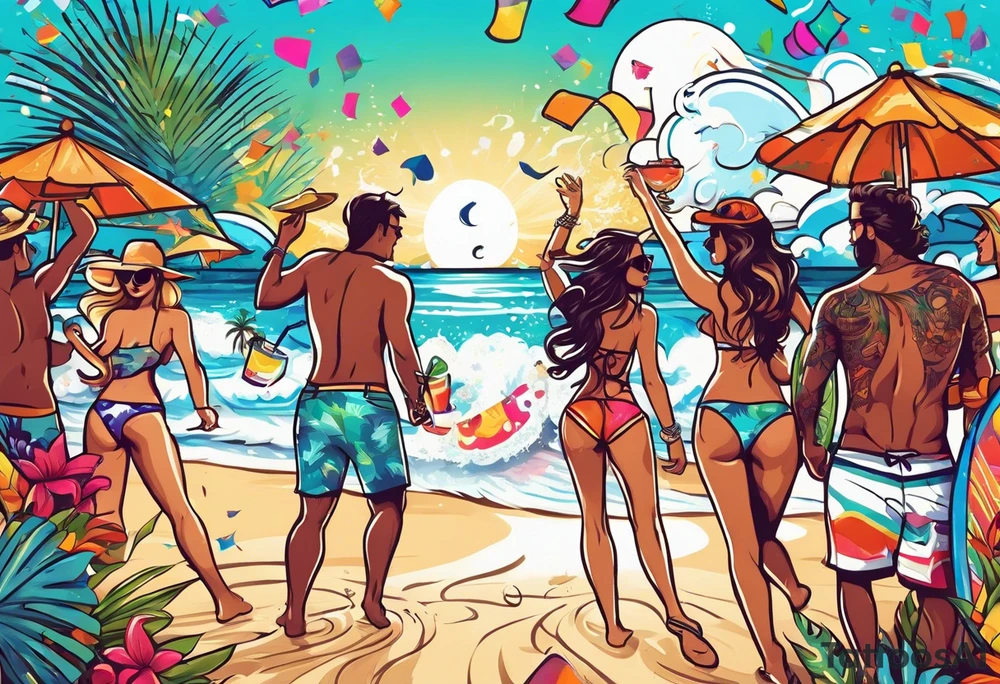 SURFING SAFARI BEACH DANCE 
PARTY WITH CONFETTI AND MUSIC NOTES, TROPICAL DRINKS, SEXY BIKINIS tattoo idea