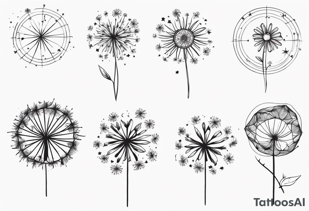 Dandelions with just breathe and the constellations cancer, Virgo, Sagittarius, Aries and Pisces as the petals tattoo idea