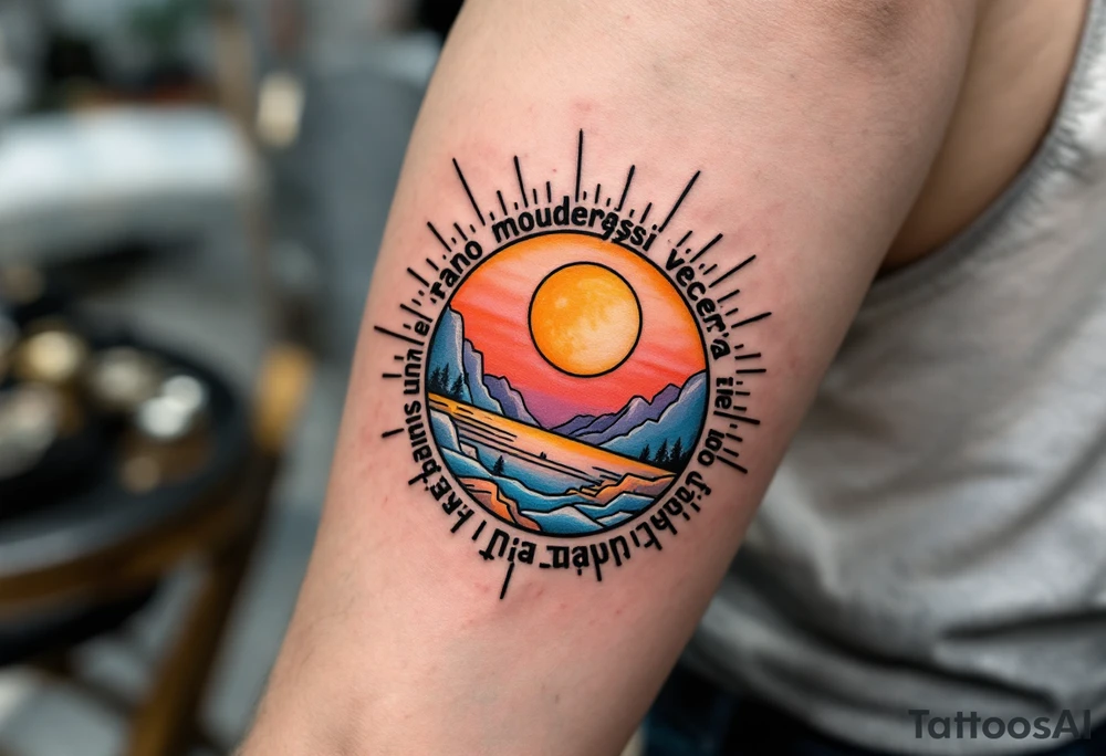"Rano moudrejsi vecera." — A half-sun, half-moon design in pastel oranges and soft blues, with the phrase circling the horizon line in black. tattoo idea