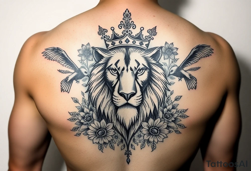powerful majestic lion with a crown, surrounded by floral ornaments and birds tattoo idea