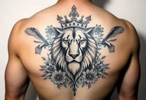 powerful majestic lion with a crown, surrounded by floral ornaments and birds tattoo idea