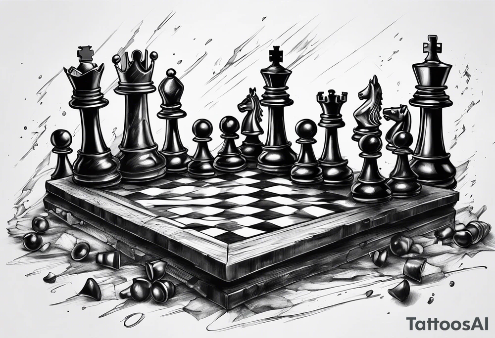 chess board breaking apart and pieces falling down but the king remains on sold ground tattoo idea