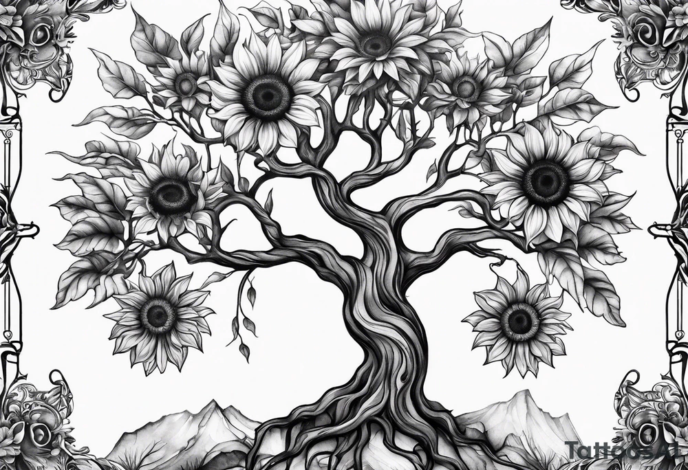 Feminine Yggdrasil tree with 2 sunflowers tattoo idea