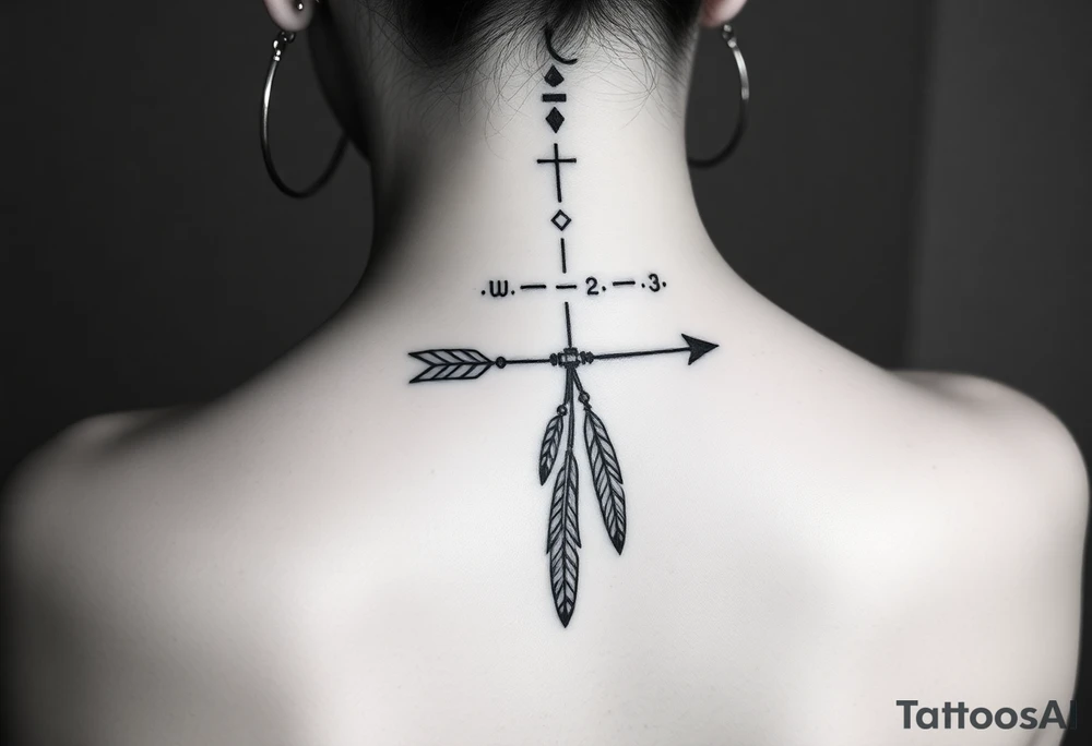 Thin spinal tattoo following down the spine in a native style with multiple different lengths flowing lines made of a discreet connection of morse code ".--- .- --.     .-.. ... -.- .- .-.   -.. .. --.     .-.. .. .-.. .-.. . -... .-. --- .-. forming an arrow connected to flowing feathers hanging from the morse code lines tattoo idea