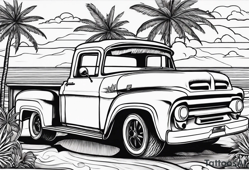 Beach theme, palm trees,waves, sunset, classic truck, marijuana leaf tattoo idea Beach theme, palm trees,waves, sunset, classic truck, marijuana leaf tattoo idea