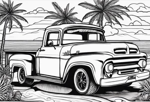 Beach theme, palm trees,waves, sunset, classic truck, marijuana leaf tattoo idea