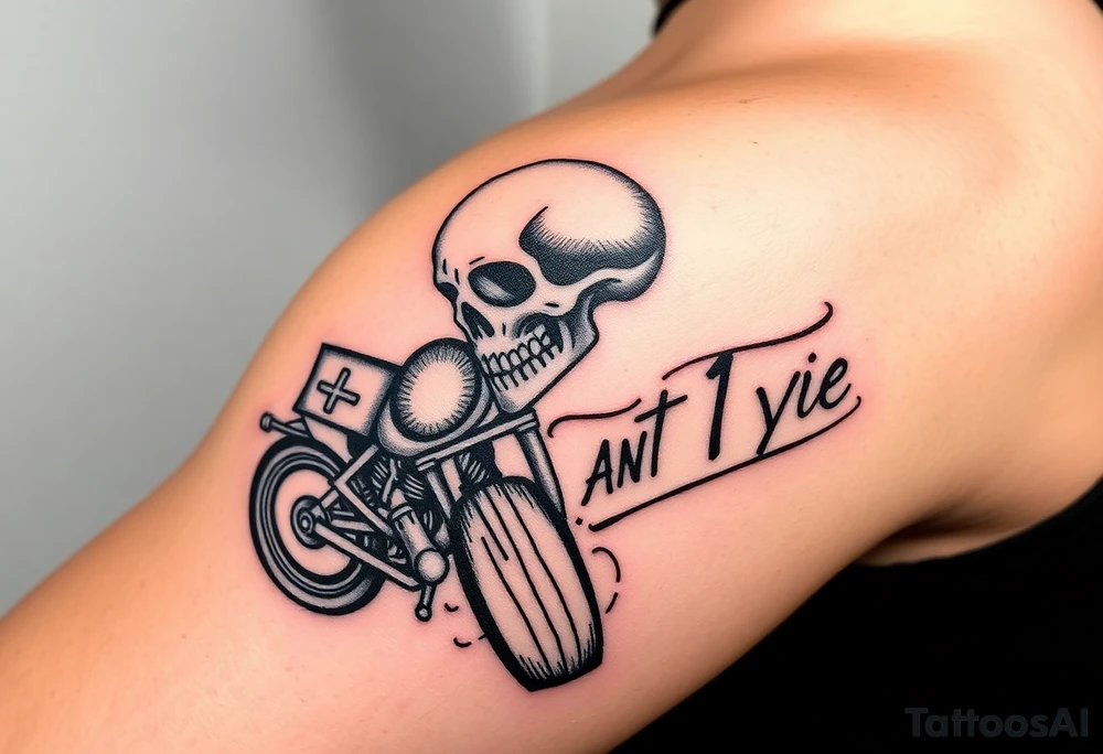 Chicano style. Skull, motorcycle And the inscription 1% tattoo idea