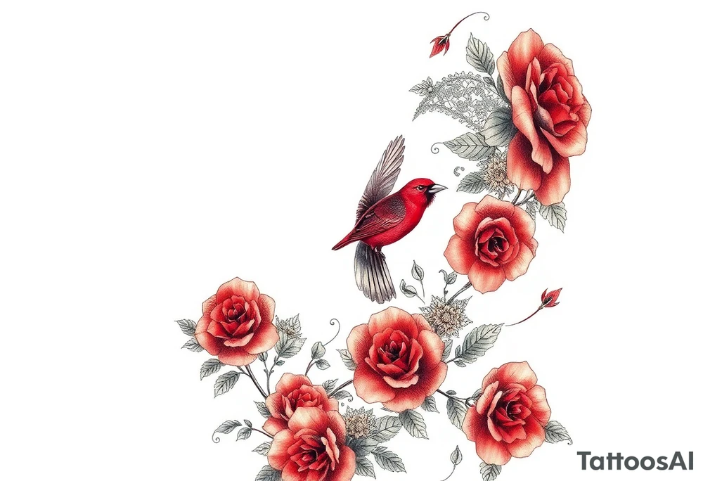 Vintage dollies, red roses, lace, red bird tattoo idea