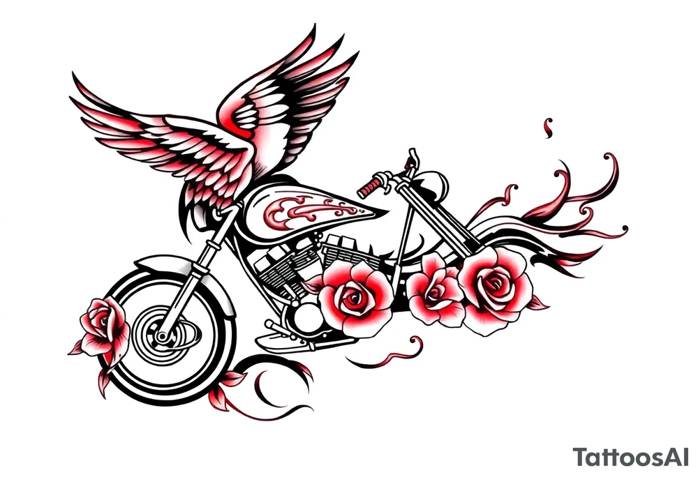 Motorcycle, red bird flying, roses and lace, flames tattoo idea