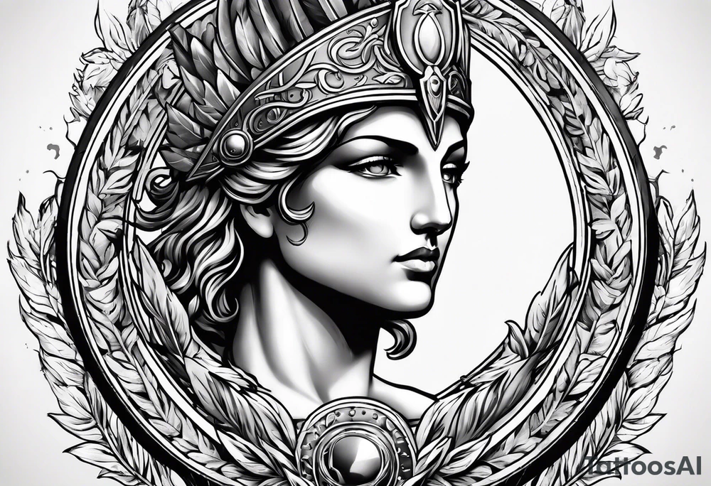 Ares spear and athena shield with a laurel wreath around tattoo idea