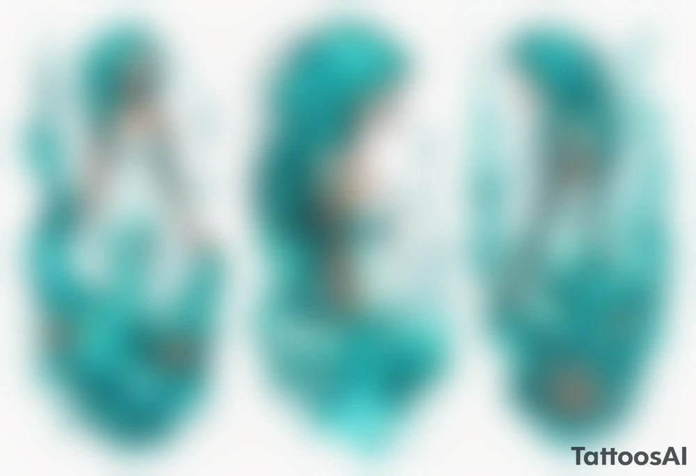a tall woman made of water with turquoise hair surrounded by the ocean tattoo idea