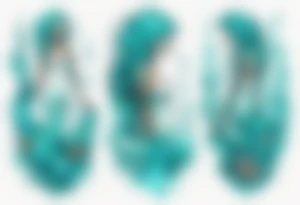 a tall woman made of water with turquoise hair surrounded by the ocean tattoo idea