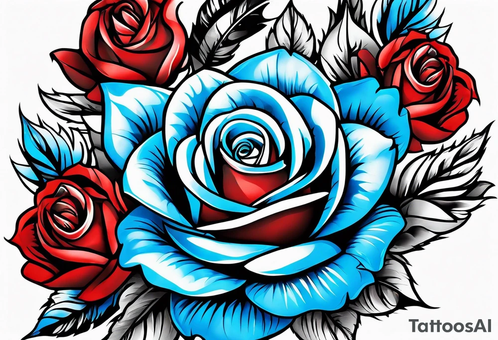 Colored blue and red roses native American tattoo idea