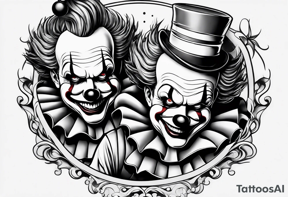 A clown grabbing the leg of another clown tattoo idea