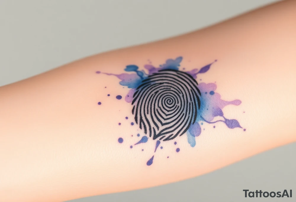 A fingerprint dissolving into soft watercolor splashes in blue and lavender, symbolizing fluidity and emotional depth tattoo idea